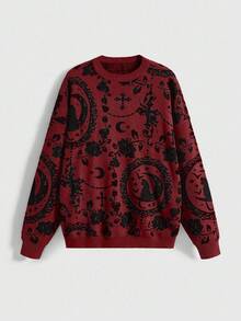 ROMWE Gothic Palace Cat Moon Chain Mysterious Black Cat Full Print Dark Pullover Sweater, Suitable For Halloween - Burgundy - View 1