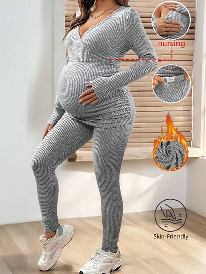 SHEIN Fall Clothes,Autumn Clothes,Maternity Autumn/Winter Clothes  2pcs Maternity Solid Color Minimalist Long Sleeve Top And Pants Set, Warm