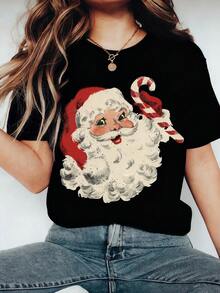 EMERY ROSE Damen T-Shirt mit Rundhalsausschnitt und Kurzarm mit Weihnachtsmann-Motiv, Weihnachts-T-Shirt, Sommer - Schwarz - Übersicht 1