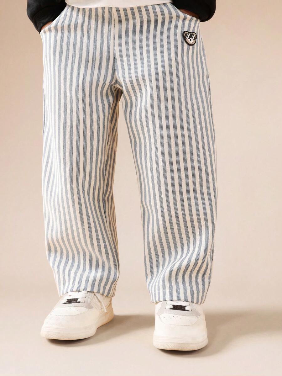 SUMWON 条纹套穿松紧腰裤，舒适休闲儿童裤，适合日常穿着、学校和操场穿着。 - 黑色 - 查看 1