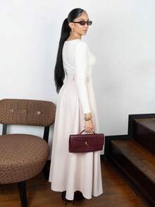 Melissa Matos Saia feminina casual francesa, simples, romântica e elegante, saia branca para formatura, roupa de verão - Damasco - Ver 3