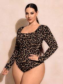 SHEIN SXY 大码豹纹圆领连体衣，休闲复古性感修身款 - 彩色 - 查看 6