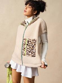 VARSIVA 女士休闲豹纹拼接抓绒外套，秋冬款 - 彩色 - 查看 6