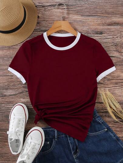 INAWLY Plus Size Contrast Trim Round Neck Casual Short Sleeve T-Shirt, Summer