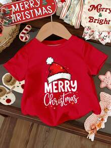 SHEIN 小女孩 Happikins 圣诞节，可爱圣诞帽和心形字母印花，家庭圣诞亲子装，休闲圣诞图案短袖T恤 - 紅色 - 查看 4