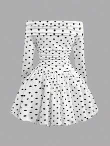SHEIN 少女休闲简约舒适露肩波点通勤连衣裙 - 黑與白 - 查看 2