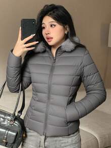 DAZY 女士优雅毛领拼接绗缝外套，秋冬款 - 深灰色 - 查看 4