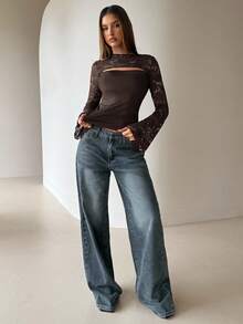 Aloruh Brown Lace Patchwork Hollow Out Flare Sleeve Women T-Shirt - Brown - View 4