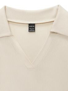 SHEIN LUNE Multicolor Casual Rib Knit Long Sleeve Ruched T-Shirt For Women With Collar Neckline - Multicolor - View 6