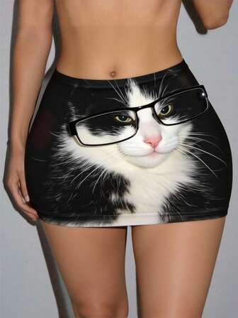 Grunge Punk Sexy Punk Cat Eye Print Black Vintage Mini Skirt, White, Bodycon Ultra Low Waist