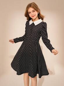 Rochie evazată cu buline și talie pentru fete, guler cămașă, linie A, potrivită pentru Crăciun, toamnă/iarnă - Alb-negru - Vizualizare 5