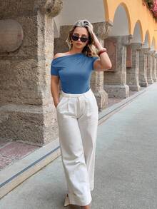 Jeta Ari 女士夏季純色不對稱領口修身短袖T恤 - 霧霾藍 - 查看 4