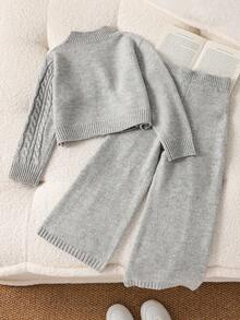 2pcs/Set Toddler Girls' Solid Color Turtleneck Sweater Set, Elegant French Design Knit Top, Purple Cable Knit Crew Neck Sweater + Slit Decor Knit Pants, Autumn/Winter