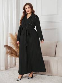 Lacomfia 大码女式水钻装饰闪亮针织优雅长袖连衣裙 - 黑色 - 查看 5