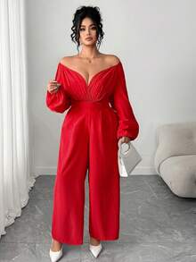 Elenzga 加大码红色圣诞优雅连体裤，2025 年新款，百搭露肩交叉领直筒连体裤，适合返校、毕业典礼、节日、情人节、音乐节、母亲节、万圣节、感恩节、复活节、国庆节、联欢晚会、约会、派对、婚礼、郊游 - 紅色 - 查看 1