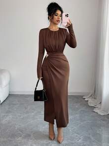 SHEIN Elenzya Rochie de damă tricotată, cu talie strânsă, cu decor metalic, mulată, elegantă, de zi cu zi, pentru naveta, stil francez, vintage, versatilă, pentru petreceri de Crăciun, de Anul Nou, pentru afaceri, maro, cu mânecă lungă, toamnă/iarnă - Maro - Vizualizare 5