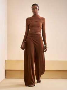 Zivah Women's Espresso Brown Autumn High Waist Wide Leg Pants,Modest Loose Wrap Around Trousers For Brunch,Holiday,Office Work,Daily Casual Western Style - Brown - View 7