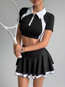 Dewbera Summer Fashion Contrast Color Cropped Short Sleeve Top And Mini Skirt Sportswear Set Two Piece Tennis Skirt Set