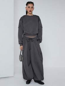 COUREZ 宽松圆领卫衣，外露缝线/Y2K风格女式冬季服装，冬季上衣运动套装，女士套装 - 深灰色 - 查看 2