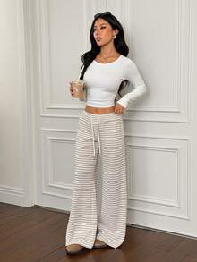 SHEIN PETITE Comfortable And Casual Plain Knitted Low-Rise Wide-Leg Women's Sweatpants - Multicolor - View 7