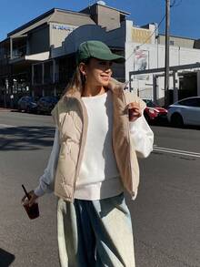 DAZY 2-en-1 Gilet matelassé épais doublé de faux thermique, style court Manteau matelassé pour femmes - Beige - Voir 10