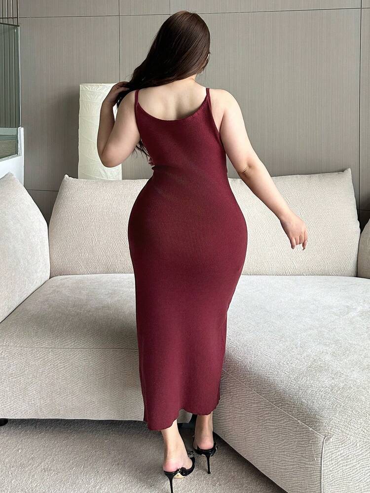 Dazy Plus Plus Size Women Asymmetrical Hem Fur Collar Side Slit Bodycon Long Sweater Dress, Suitable For Dates, Parties, Christmas, New Year, Red