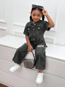 SHEIN 年轻女孩蓝色牛仔破洞衬衫式连体裤，酷炫街头造型 - 黑色 - 查看 7