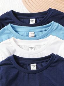 SHEIN Bộ 4 áo thun dài tay cổ tròn màu trơn và tương phản cho trẻ em, thoải mái và đa năng, thích hợp mặc ngoài trời, trong nhà, trường học, tiệc tùng, Giáng sinh, năm mới, xuân/hè/thu/đông - Màu xanh lam - Xem 3