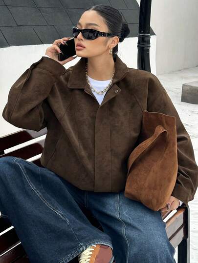 Dazy Plus Fashionable Casual Faux Suede Thickened Small Stand Collar Loose Street Style Motorcycle Jacket, Plus Size For Women, Autumn/Winter Women Coats