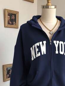 Lalippa Women's Letter Print Drop Shoulder Long Sleeve Zip Front Casual Sweatshirt, Autumn/Winter - Navy Blue - View 5