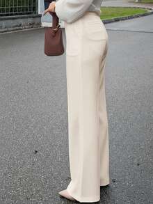 Jeta Ari Women Solid Color Casual, Commute, Daily Loose Fit High-Waist, Eyelet Decor, Drawstring Waist, Wide Leg Relaxed Pants Work Pants - Beige - View 5