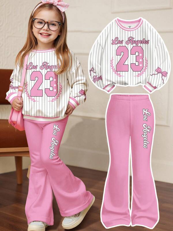 SHEIN Vintage Collegiate Sports Style, Bright Pink Cute Bow Striped Letter 28 Jersey Print, Young Girls Knit Round Neck Letter Pattern Loose Sweatshirt And Flared Pants Casual 2 Pieces Set, Autumn Outfits For Easy Comfort, Autumn Layers For Girls, Stylish Kids, Casual Wear, Kids Graphic Clothes, Back To School, Fall Clothes, Homecoming, Suitable For Outings, Street Photography, Home, And Campus Winter