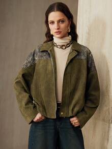 Arave Áo khoác da giả cổ khoét vai bằng vải giả da lộn dành cho nữ, thường ngày - xanh quân đội - Xem 4