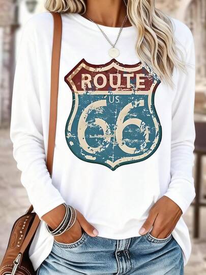 EMERY ROSE レトロルート66 パターン レディースTシャツ、レディースカジュアル長袖Tシャツ スローガンプリント、春夏、洗濯機洗い可