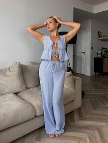 Bethéva 2pcs Set: Striped Lace-Up Straight-Leg Casual Pants, Street Style For Women, Summer - Baby Blue - View 5