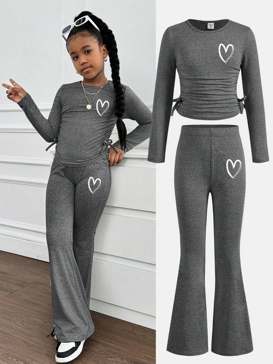 SHEIN Set 2 buc. bluză tricotată, casual, cu imprimeu cu inimă, guler rotund, mânecă lungă, și pantaloni evazați, pentru fete preadolescente, toamnă/iarnă