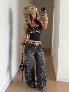 StreetHx 女士黑色无袖上衣，Y3K 街头风朋克摇滚街头T恤 - 黑色 - 查看 2