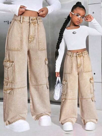 SHEIN Jeans cargo de pierna recta holgados con bolsillo con solapa de cintura alta en lavado sólido para niñas preadolescentes, ropa de verano para niñas de vuelta al colegio, pantalones de pierna ancha estilo boho de playa, concierto y festival, conjunto de graduación