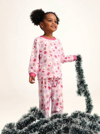 SUMWON Conjunto de pijama de Navidad para niñas con estampado de Papá Noel y pan de jengibre, de manga larga para el invierno