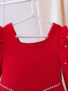 Elladie kids Đầm công chúa màu đỏ cổ vuông trang trí ngọc trai thanh lịch cho bé gái, tay bồng, eo cao, dáng chữ A, váy dự tiệc, thích hợp cho dịp Giáng sinh, mùa xuân/thu - Đỏ - Xem 3