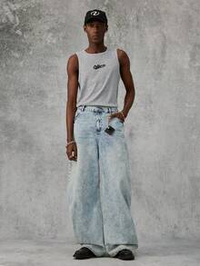 AXEPEAK Men's Letter Print Loose Round Neck Tank Top - Black - View 6