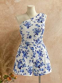 Dreamara Atasan Wanita Ukuran Besar Kasual Biru & Putih dengan Detail Kerut di Satu Bahu, Cocok untuk Liburan, Musim Gugur/Musim Dingin - Blue and White - View 4