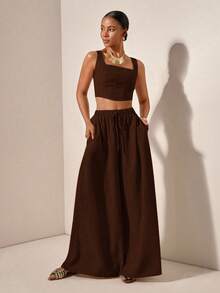 Zivah Nuevo conjunto de 2 piezas de pantalones casuales para vacaciones de primavera/verano con tirantes en forma de espina de pescado y pantalones anchos con bolsillos, de tela texturizada - B - Café integral - Ver 4