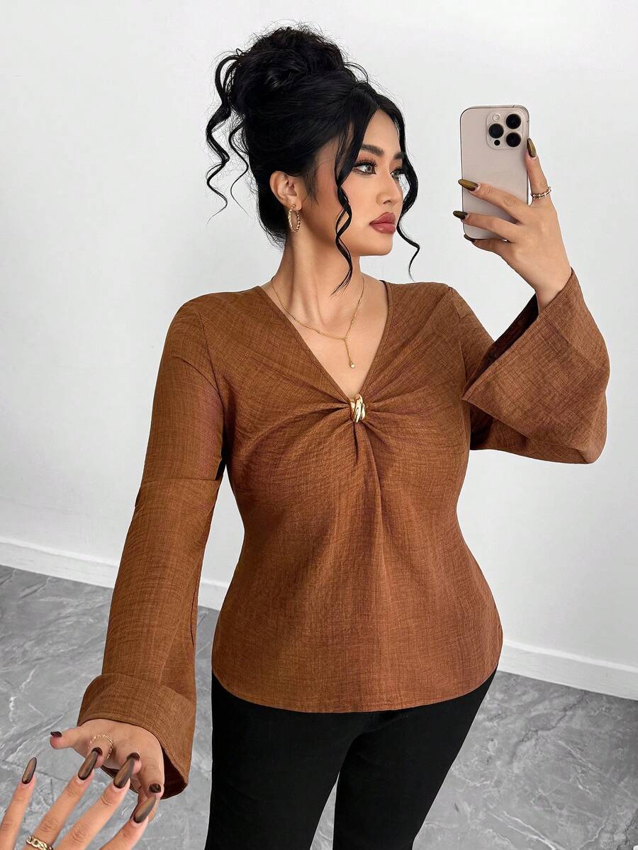 Elenzga Plus Size Women's V-Neck Shirt With X-Buckle Decor, Fashionable, Sexy, Elegant, Suitable For Work And Everyday Wear - Brown - View 1