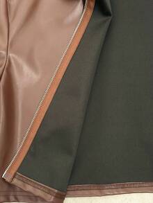 SHEIN 少女休闲街头风翻领PU金属拉链短款外套 - 棕色 - 查看 6