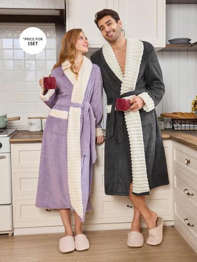 CoupledUp Bata de hombre con diseño de bolsillo, cuello de chal y patchwork de colores contrastantes