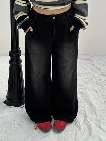 Dazy Plus 大码女式宽松直筒水洗牛仔裤，带口袋