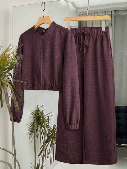SHEIN LUNE Solid Color Casual Zip-Up Top And Elastic Waist Pants Set