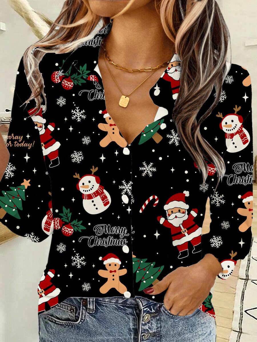 EMERY ROSE Damska koszula z nadrukiem Świętego Mikołaja i choinki, z długim rękawem i guzikami z przodu, jesienno-zimowa, damska, śliczna koszula, świąteczna, damska, świąteczna, damska, koszule z kreskówek, damska, noworoczna impreza