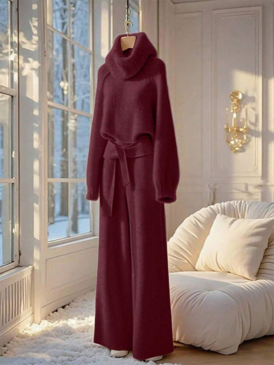 SHEIN Franclia 两件套女士休闲宽松纯色高领毛衣,优雅百搭,秋冬季 - 酒紅色 - 查看 1